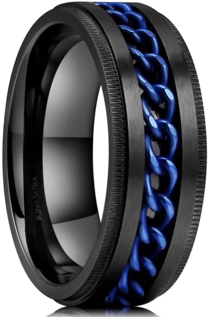 King Will Intertwine 8mm Spinner Ring Black/Blue/Silver Edge Serrated/Edge Polished Stainless Steel Fidget Ring Anxiety Ring for Men
