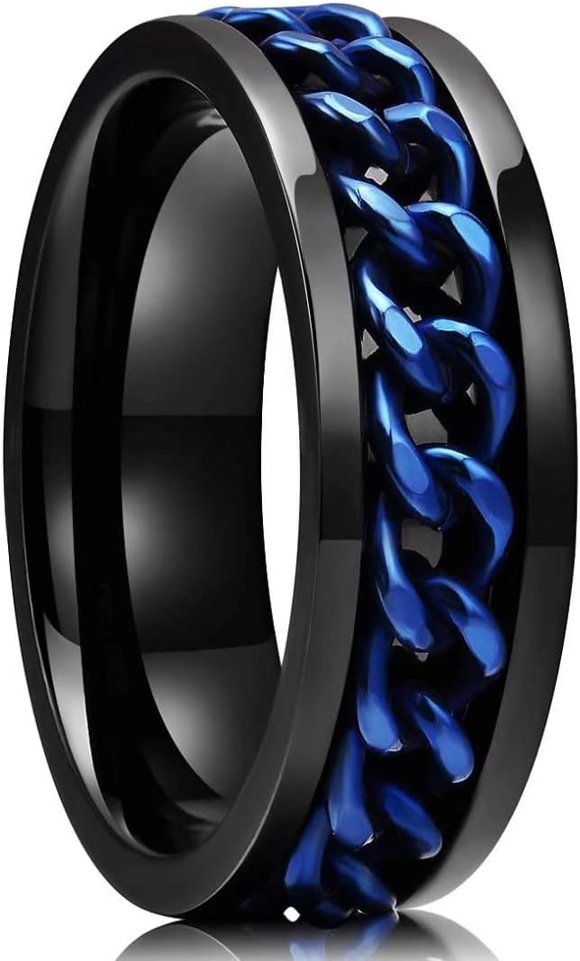 King Will Intertwine 8mm Spinner Ring Black/Blue/Silver Edge Serrated/Edge Polished Stainless Steel Fidget Ring Anxiety Ring for Men
