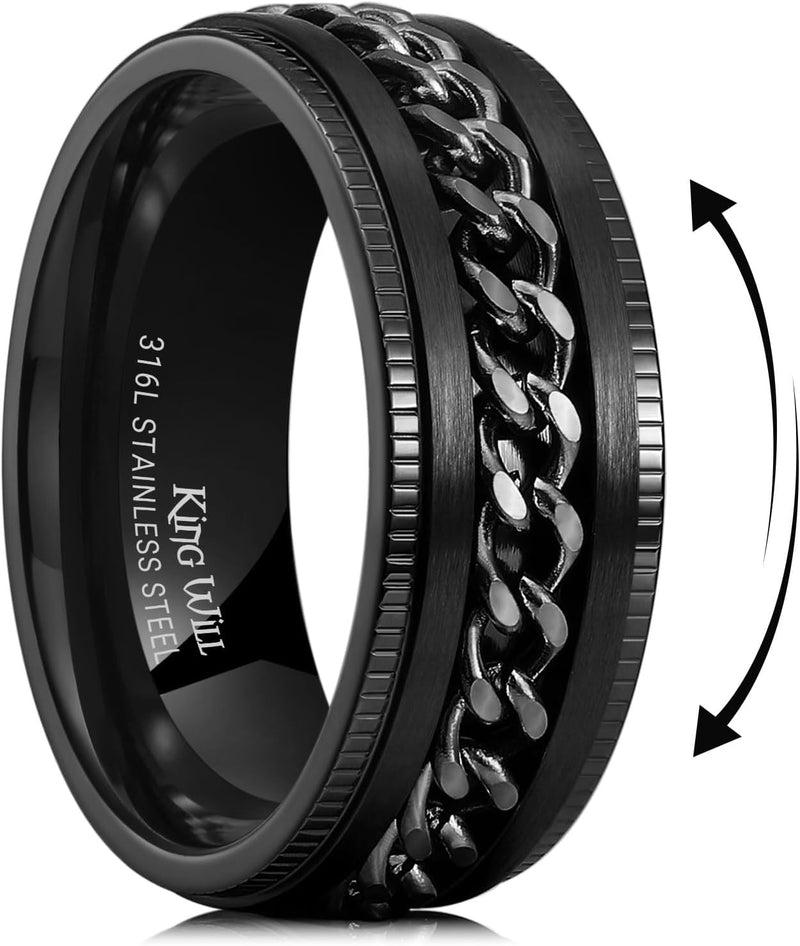King Will Intertwine 8mm Spinner Ring Black/Blue/Silver Edge Serrated/Edge Polished Stainless Steel Fidget Ring Anxiety Ring for Men