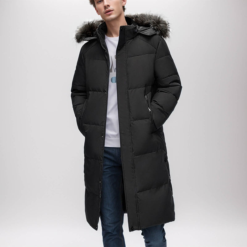 Men's Winter Jacket, Long Knee Length, Loose Hooded Jacket, Padded Warm Coat, Warm Outdoor Hooded Coat with Large Collar, Men's Winter Jackets