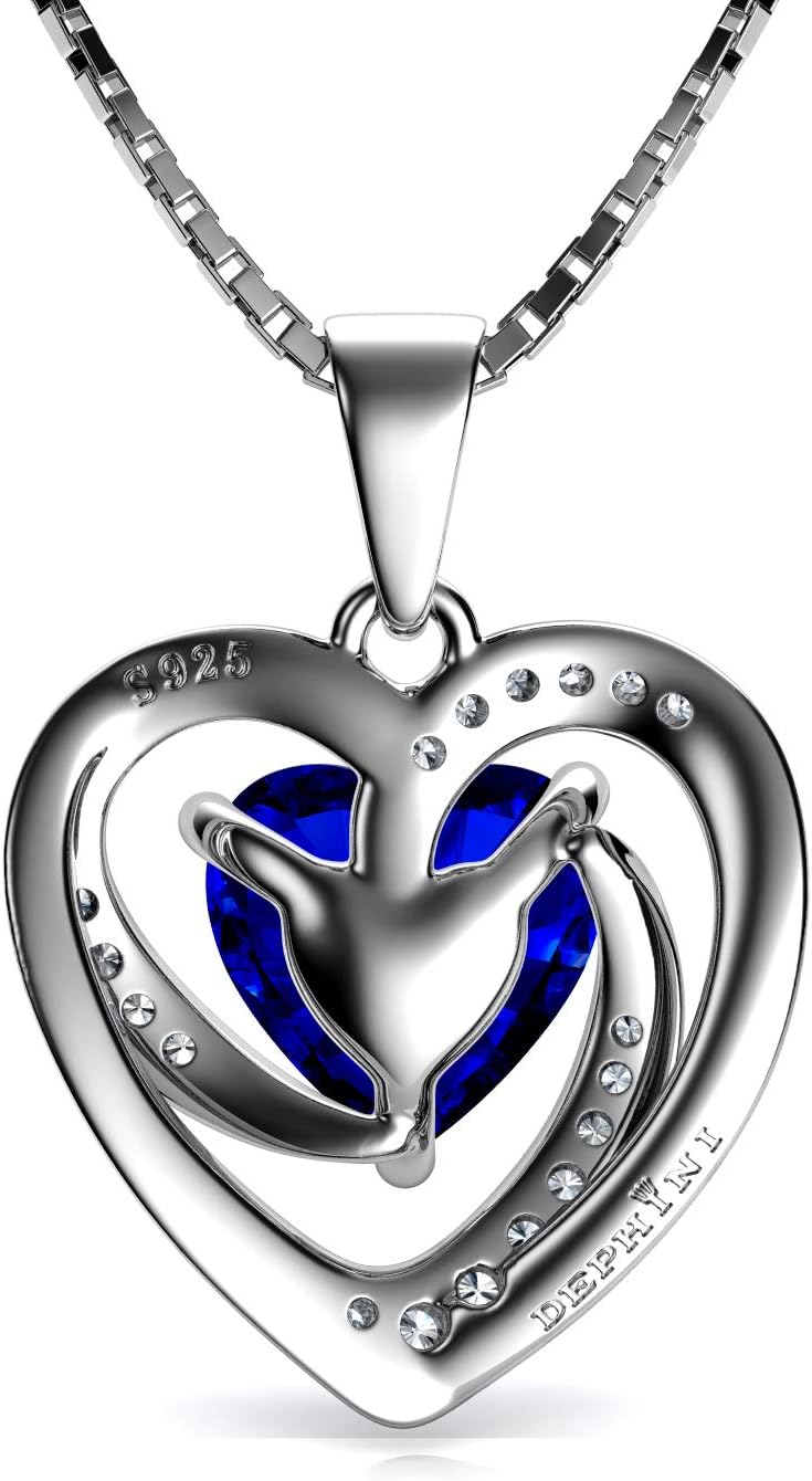DEPHINI - Blue Heart Necklace - 925 Silver Heart Pendant with White CZ & Blue for Women