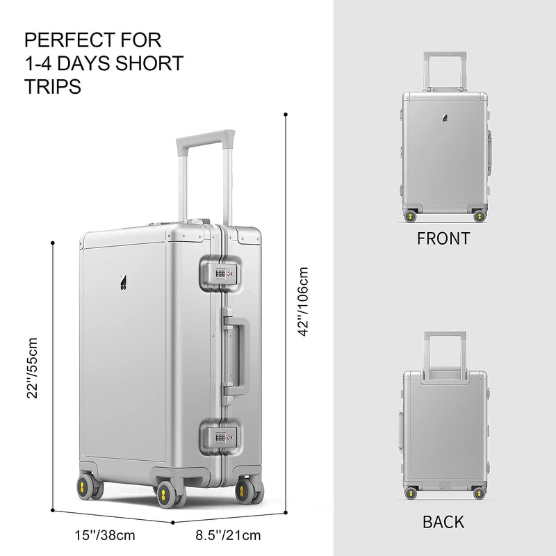 LEVEL8 Aluminum Suitcase Carry on Luggage 20-Inch Hardside Hand Spinner Trolley, Double TSA, Zipperless Luggage(56cm, 35.5L, Silver)