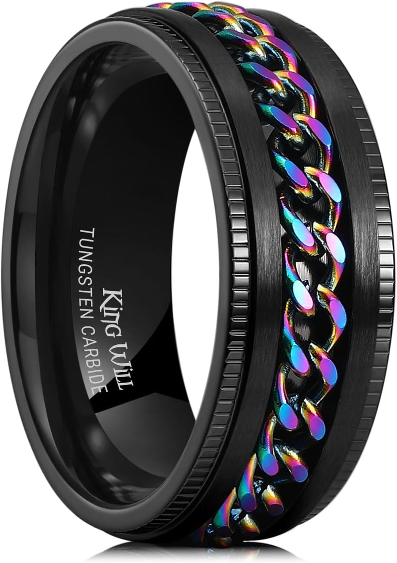 King Will Intertwine 8mm Spinner Ring Black/Blue/Silver Edge Serrated/Edge Polished Stainless Steel Fidget Ring Anxiety Ring for Men