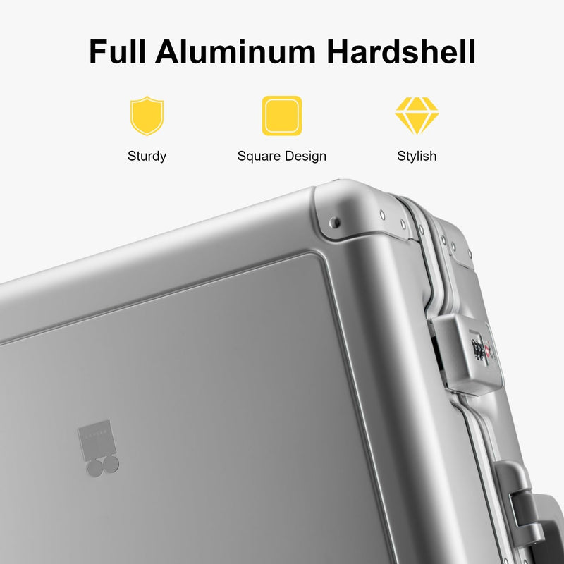 LEVEL8 Aluminum Suitcase Carry on Luggage 20-Inch Hardside Hand Spinner Trolley, Double TSA, Zipperless Luggage(56cm, 35.5L, Silver)