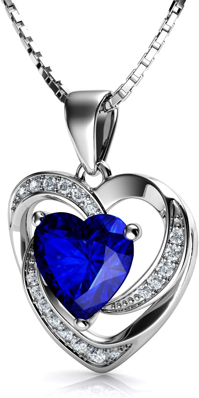 DEPHINI - Blue Heart Necklace - 925 Silver Heart Pendant with White CZ & Blue for Women