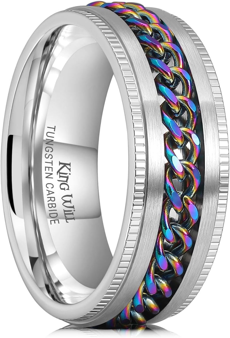 King Will Intertwine 8mm Spinner Ring Black/Blue/Silver Edge Serrated/Edge Polished Stainless Steel Fidget Ring Anxiety Ring for Men