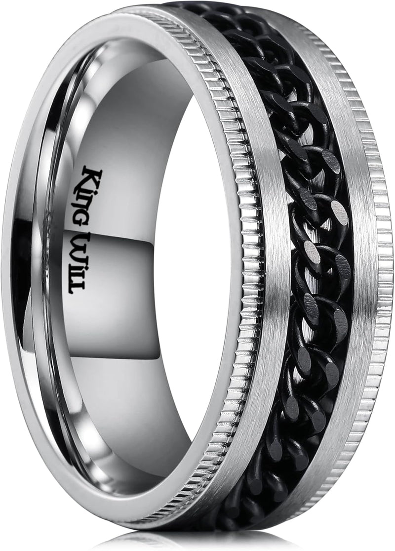 King Will Intertwine 8mm Spinner Ring Black/Blue/Silver Edge Serrated/Edge Polished Stainless Steel Fidget Ring Anxiety Ring for Men