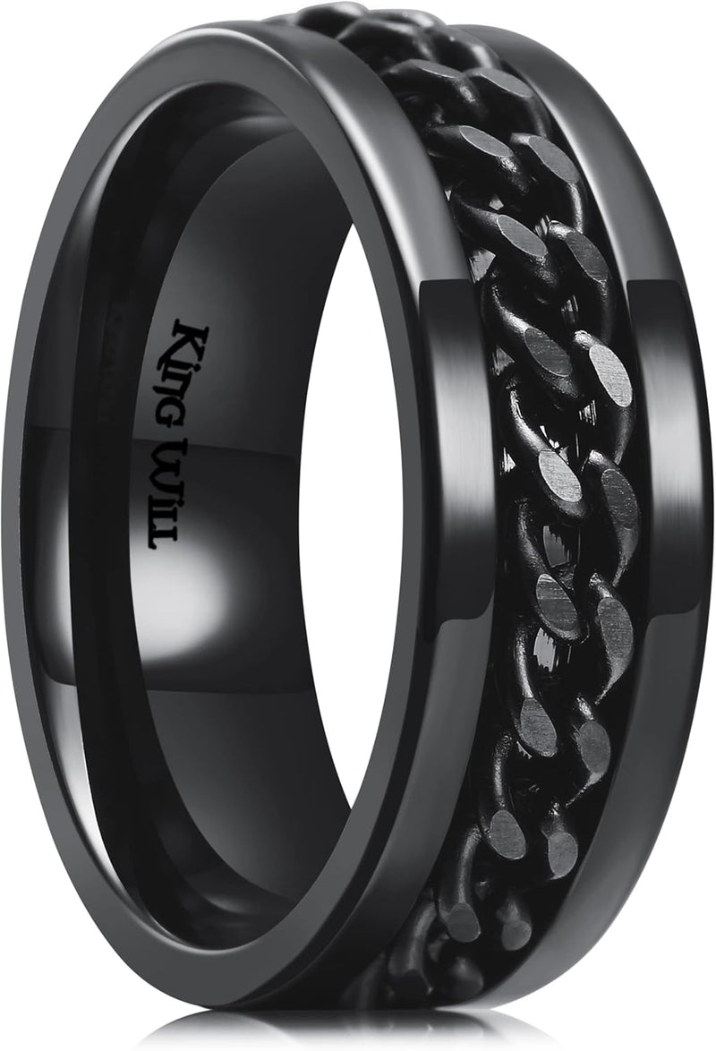 King Will Intertwine 8mm Spinner Ring Black/Blue/Silver Edge Serrated/Edge Polished Stainless Steel Fidget Ring Anxiety Ring for Men