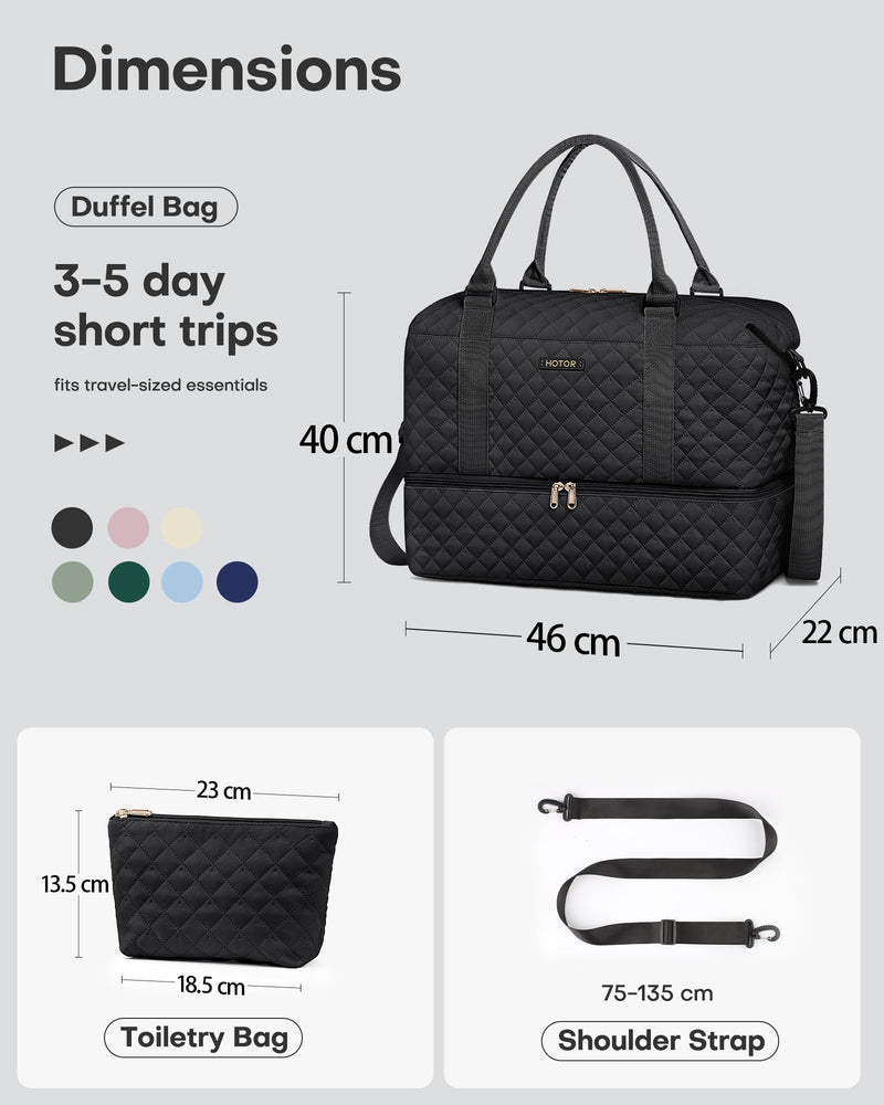 HOTOR Travel Bags for Women - Lightweight Overnight Holdall Bag, Large Carry on Luggage Weekend Bag with Shoe Compartment & Toiletry Bag, Travel Duffel Sport Gym Tote, Black, 40.0 x 46.0 x 22.0 cm