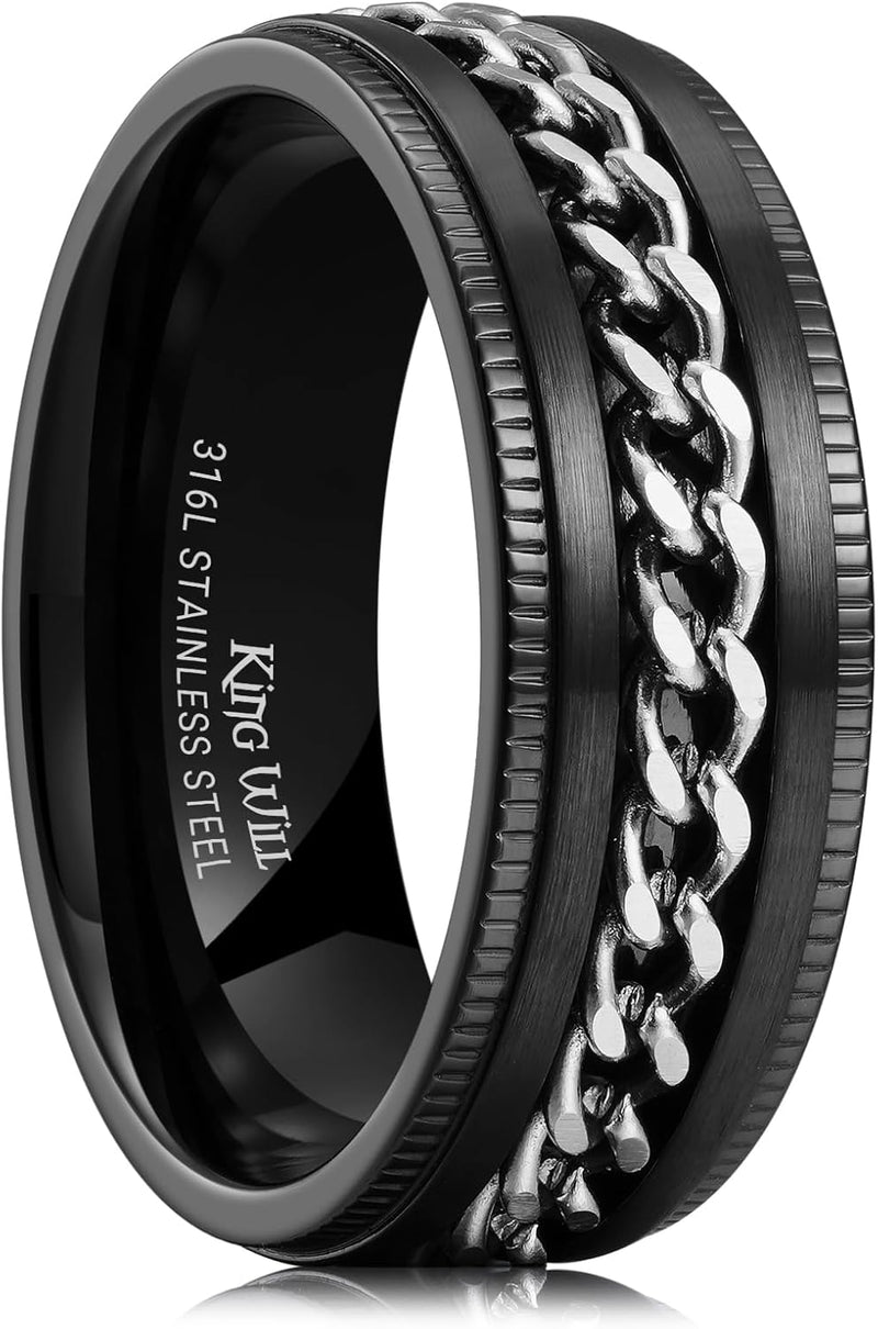 King Will Intertwine 8mm Spinner Ring Black/Blue/Silver Edge Serrated/Edge Polished Stainless Steel Fidget Ring Anxiety Ring for Men
