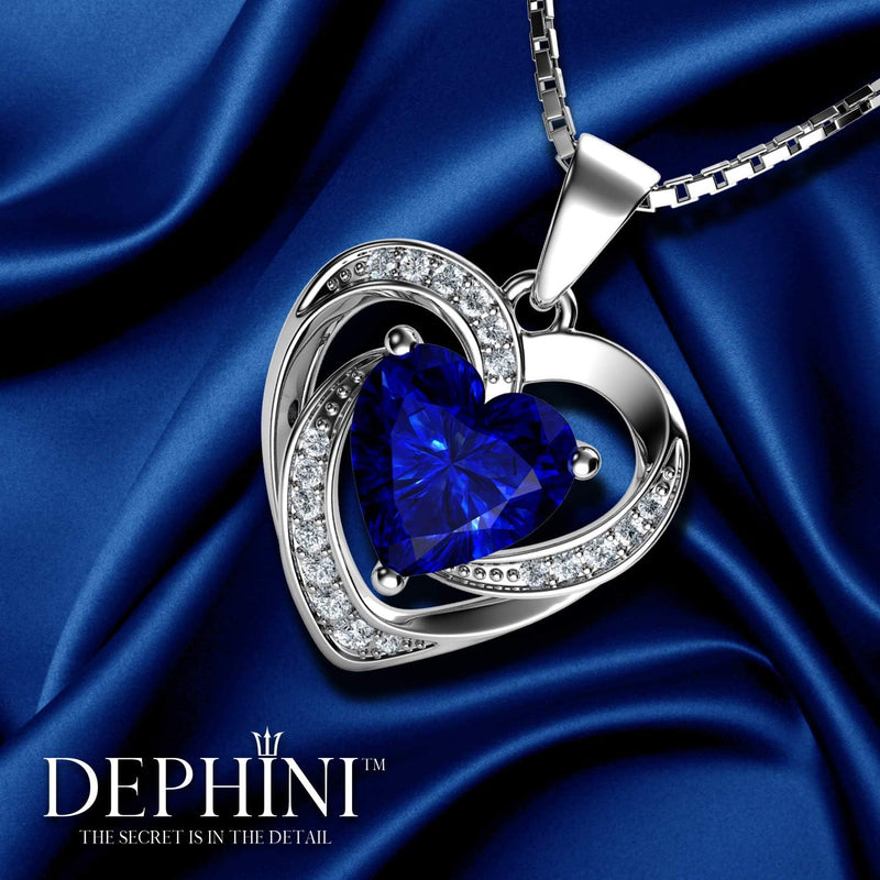 DEPHINI - Blue Heart Necklace - 925 Silver Heart Pendant with White CZ & Blue for Women