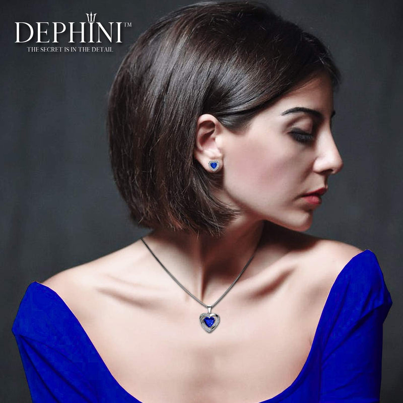 DEPHINI - Blue Heart Necklace - 925 Silver Heart Pendant with White CZ & Blue for Women