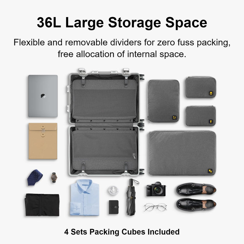 LEVEL8 Aluminum Suitcase Carry on Luggage 20-Inch Hardside Hand Spinner Trolley, Double TSA, Zipperless Luggage(56cm, 35.5L, Silver)