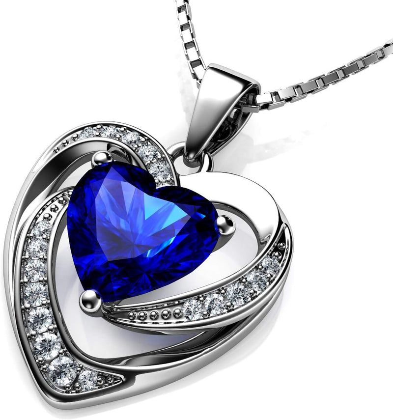 DEPHINI - Blue Heart Necklace - 925 Silver Heart Pendant with White CZ & Blue for Women