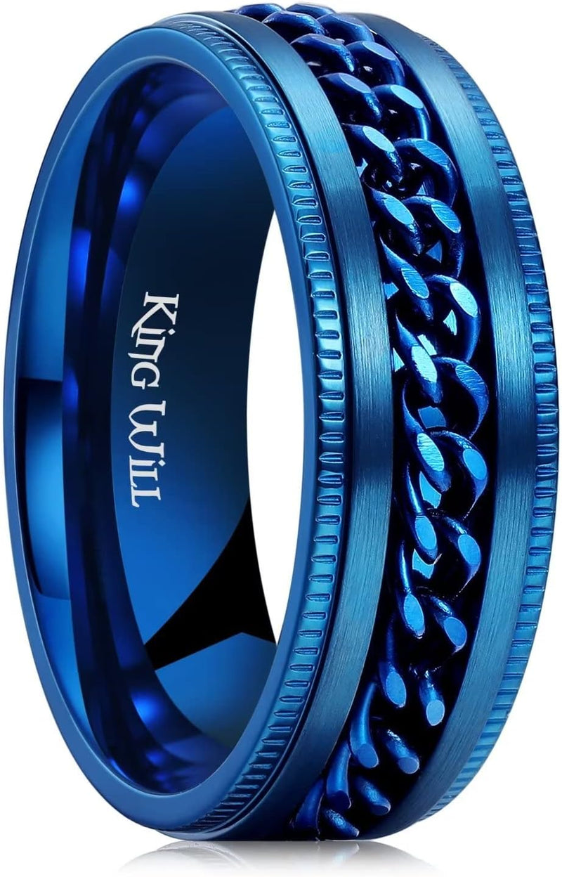 King Will Intertwine 8mm Spinner Ring Black/Blue/Silver Edge Serrated/Edge Polished Stainless Steel Fidget Ring Anxiety Ring for Men