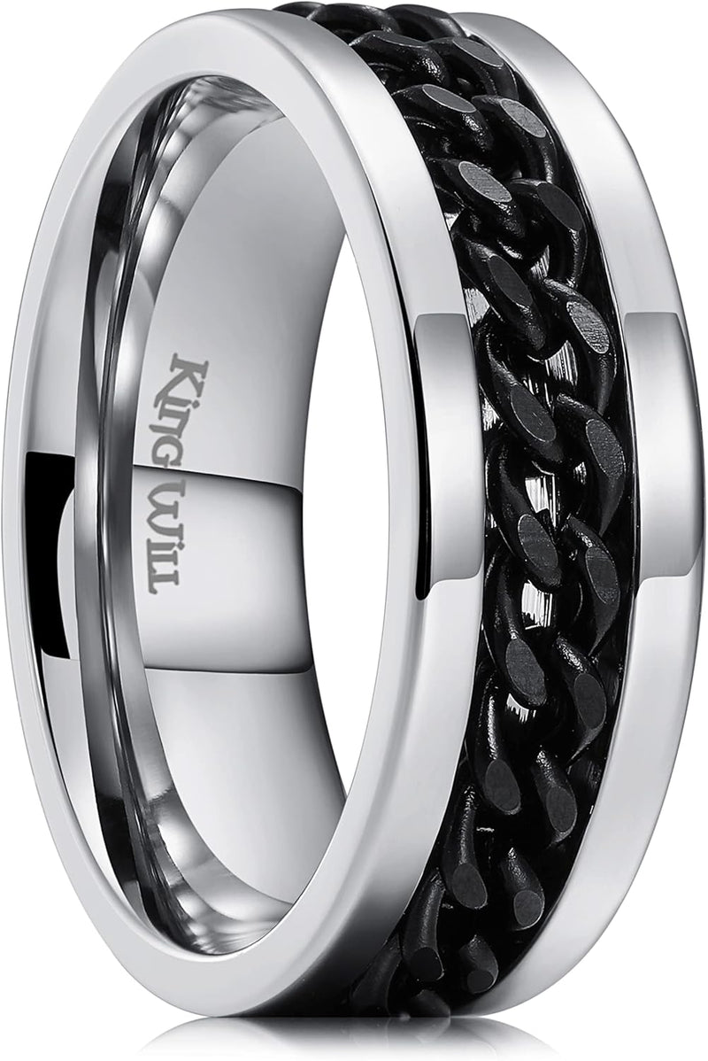 King Will Intertwine 8mm Spinner Ring Black/Blue/Silver Edge Serrated/Edge Polished Stainless Steel Fidget Ring Anxiety Ring for Men
