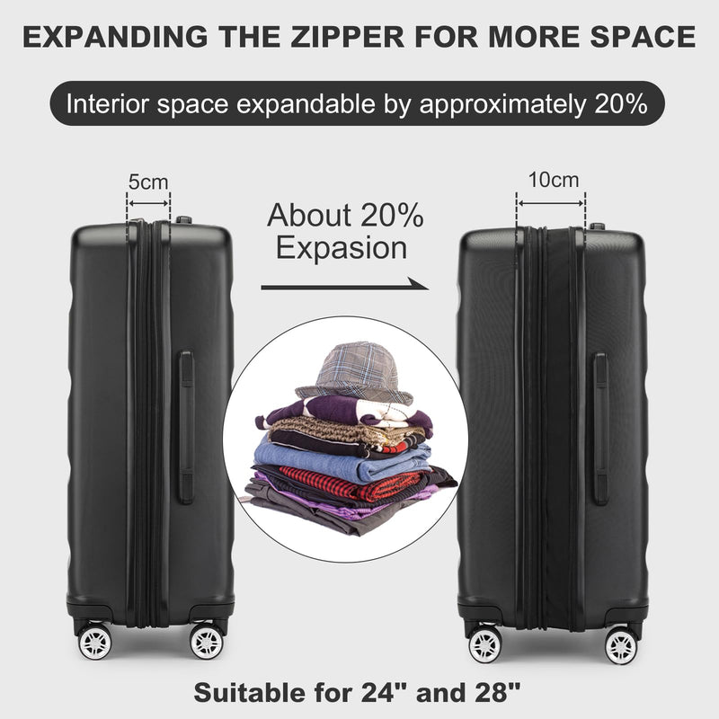 Kono 3-Piece Luggage Sets | Expandable Hard Shell PC+ABS Suitcase with TSA Lock | Lightweight & Sturdy Travel Suitcases with 4 Spinner Wheels (20", 24", 28") - Black