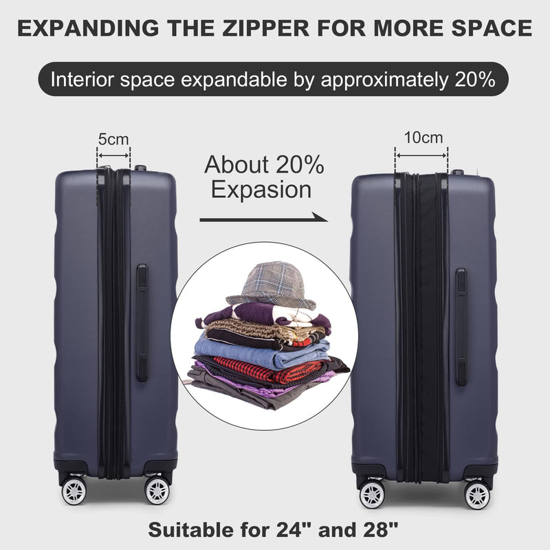 Kono 3-Piece Luggage Sets | Expandable Hard Shell PC+ABS Suitcase with TSA Lock | Lightweight & Sturdy Travel Suitcases with 4 Spinner Wheels (20", 24", 28") - Black