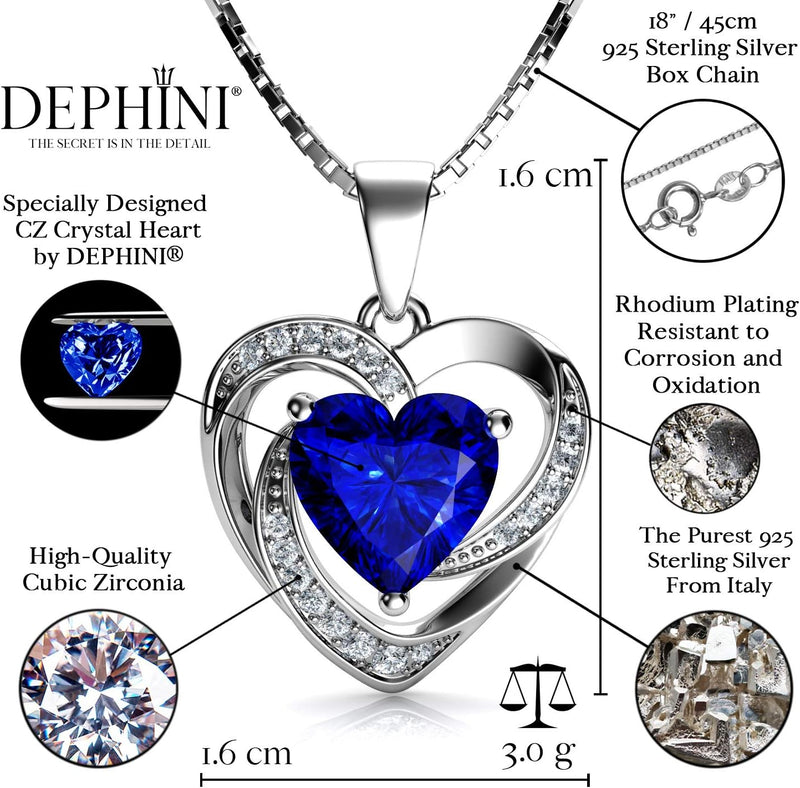 DEPHINI - Blue Heart Necklace - 925 Silver Heart Pendant with White CZ & Blue for Women