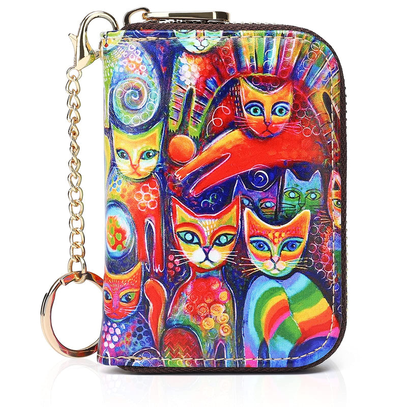 APHISON Credit Card Holder for Women Card Case RFID Blocking Ladies Cute Cartoon Artistic Coin Purses Small Wallet Pouch for Girls/Kids 10 Card Slots Gift Colorful Cat