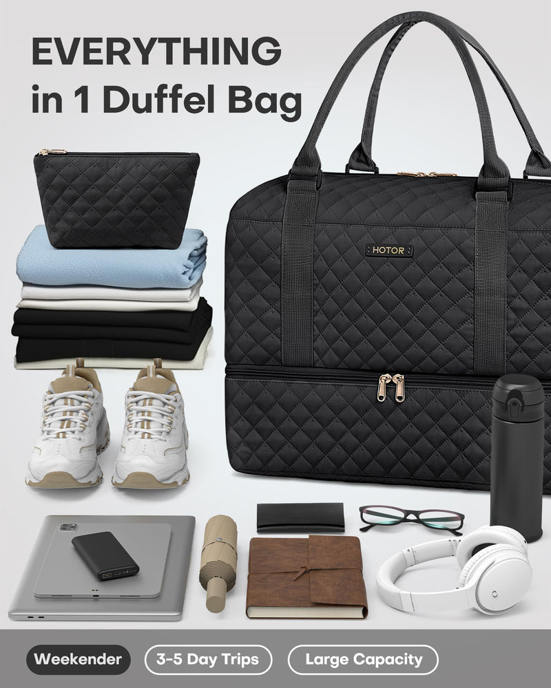 HOTOR Travel Bags for Women - Lightweight Overnight Holdall Bag, Large Carry on Luggage Weekend Bag with Shoe Compartment & Toiletry Bag, Travel Duffel Sport Gym Tote, Black, 40.0 x 46.0 x 22.0 cm