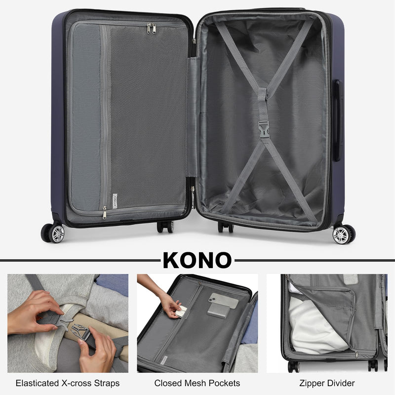 Kono 3-Piece Luggage Sets | Expandable Hard Shell PC+ABS Suitcase with TSA Lock | Lightweight & Sturdy Travel Suitcases with 4 Spinner Wheels (20", 24", 28") - Black