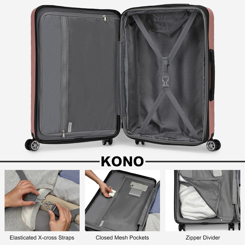 Kono 3-Piece Luggage Sets | Expandable Hard Shell PC+ABS Suitcase with TSA Lock | Lightweight & Sturdy Travel Suitcases with 4 Spinner Wheels (20", 24", 28") - Black