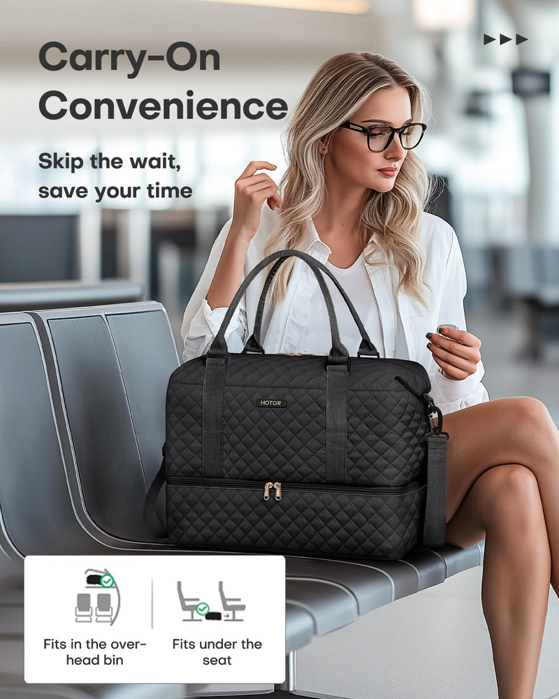 HOTOR Travel Bags for Women - Lightweight Overnight Holdall Bag, Large Carry on Luggage Weekend Bag with Shoe Compartment & Toiletry Bag, Travel Duffel Sport Gym Tote, Black, 40.0 x 46.0 x 22.0 cm