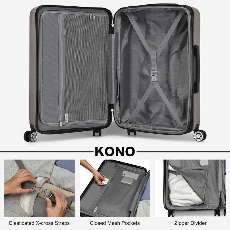 Kono 3-Piece Luggage Sets | Expandable Hard Shell PC+ABS Suitcase with TSA Lock | Lightweight & Sturdy Travel Suitcases with 4 Spinner Wheels (20", 24", 28") - Black