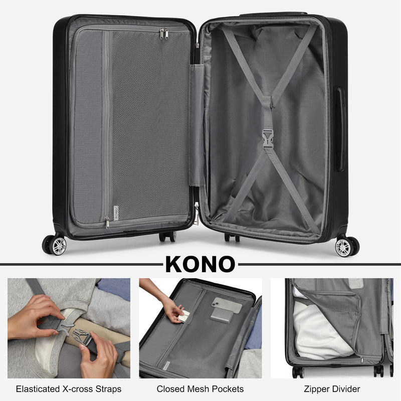 Kono 3-Piece Luggage Sets | Expandable Hard Shell PC+ABS Suitcase with TSA Lock | Lightweight & Sturdy Travel Suitcases with 4 Spinner Wheels (20", 24", 28") - Black