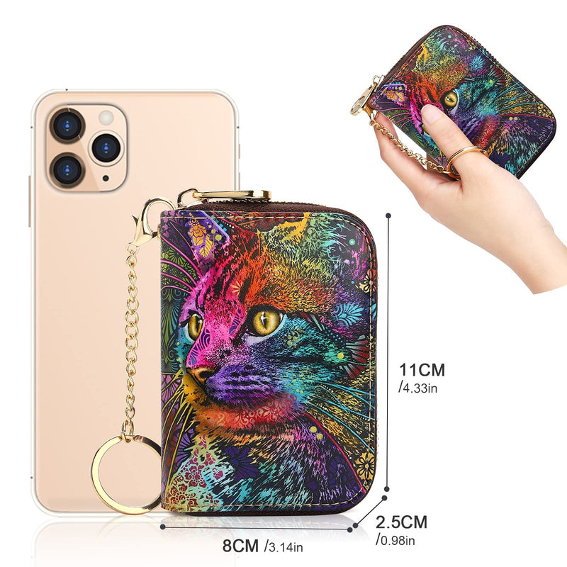APHISON Credit Card Holder for Women Card Case RFID Blocking Ladies Cute Cartoon Artistic Coin Purses Small Wallet Pouch for Girls/Kids 10 Card Slots Gift Colorful Cat