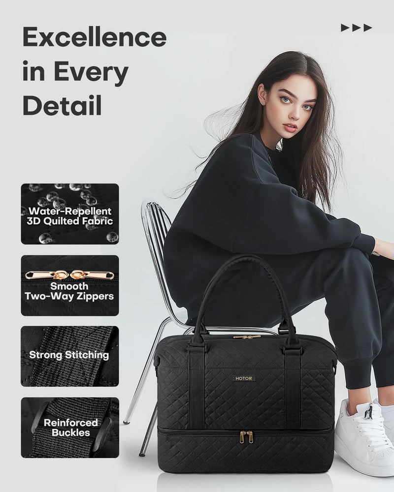 HOTOR Travel Bags for Women - Lightweight Overnight Holdall Bag, Large Carry on Luggage Weekend Bag with Shoe Compartment & Toiletry Bag, Travel Duffel Sport Gym Tote, Black, 40.0 x 46.0 x 22.0 cm