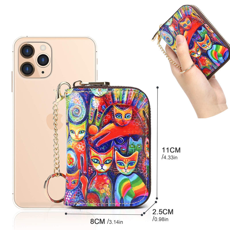 APHISON Credit Card Holder for Women Card Case RFID Blocking Ladies Cute Cartoon Artistic Coin Purses Small Wallet Pouch for Girls/Kids 10 Card Slots Gift Colorful Cat
