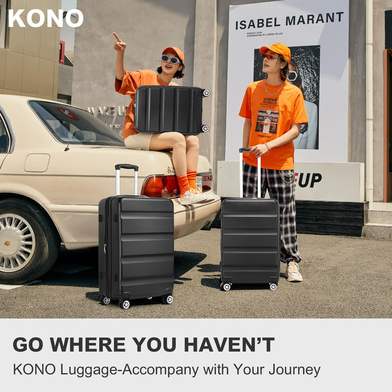 Kono 3-Piece Luggage Sets | Expandable Hard Shell PC+ABS Suitcase with TSA Lock | Lightweight & Sturdy Travel Suitcases with 4 Spinner Wheels (20", 24", 28") - Black